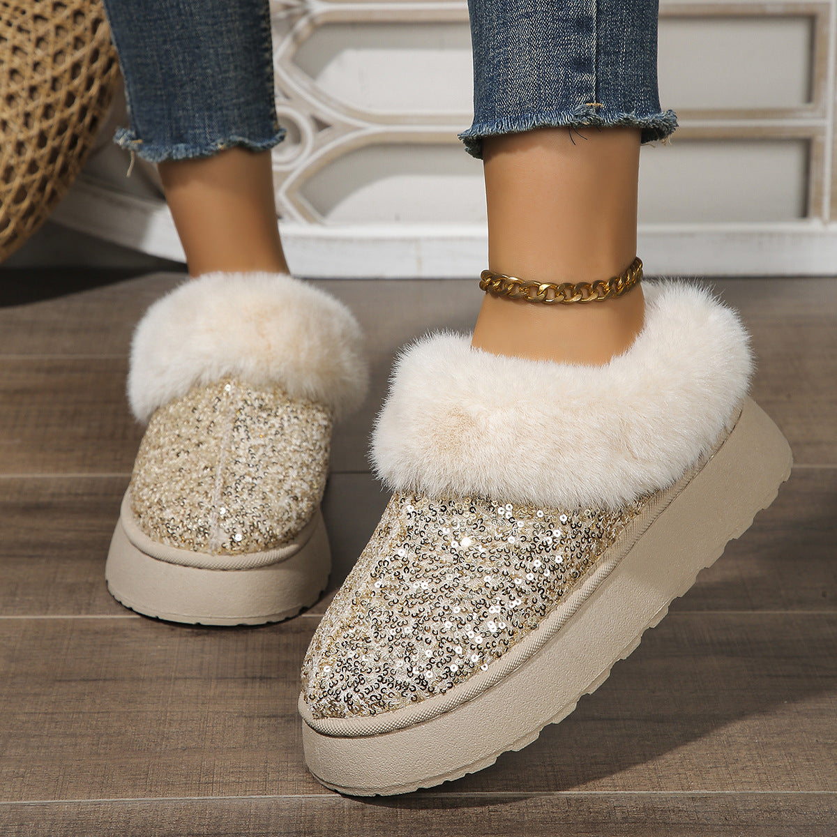 Plush Sequined Winter Slippers