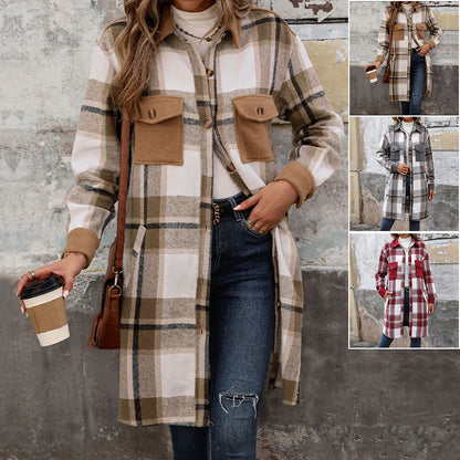 Brushed Plaid Long Winter Coat