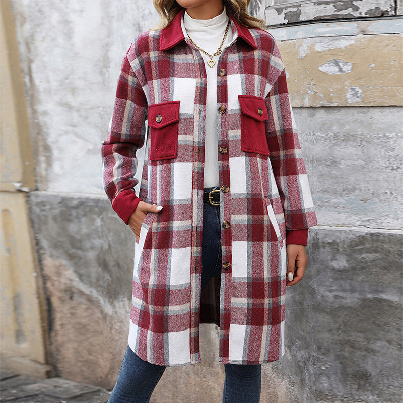 Brushed Plaid Long Winter Coat