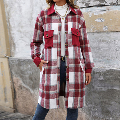 Brushed Plaid Long Winter Coat