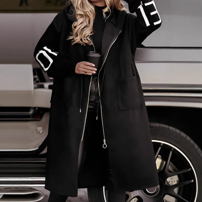 Hooded Drawstring Long Windbreaker Coat