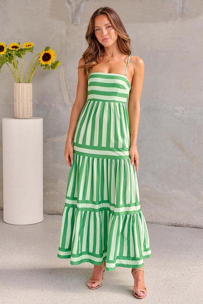 Striped Printed Suspender Long Dress With Pockets