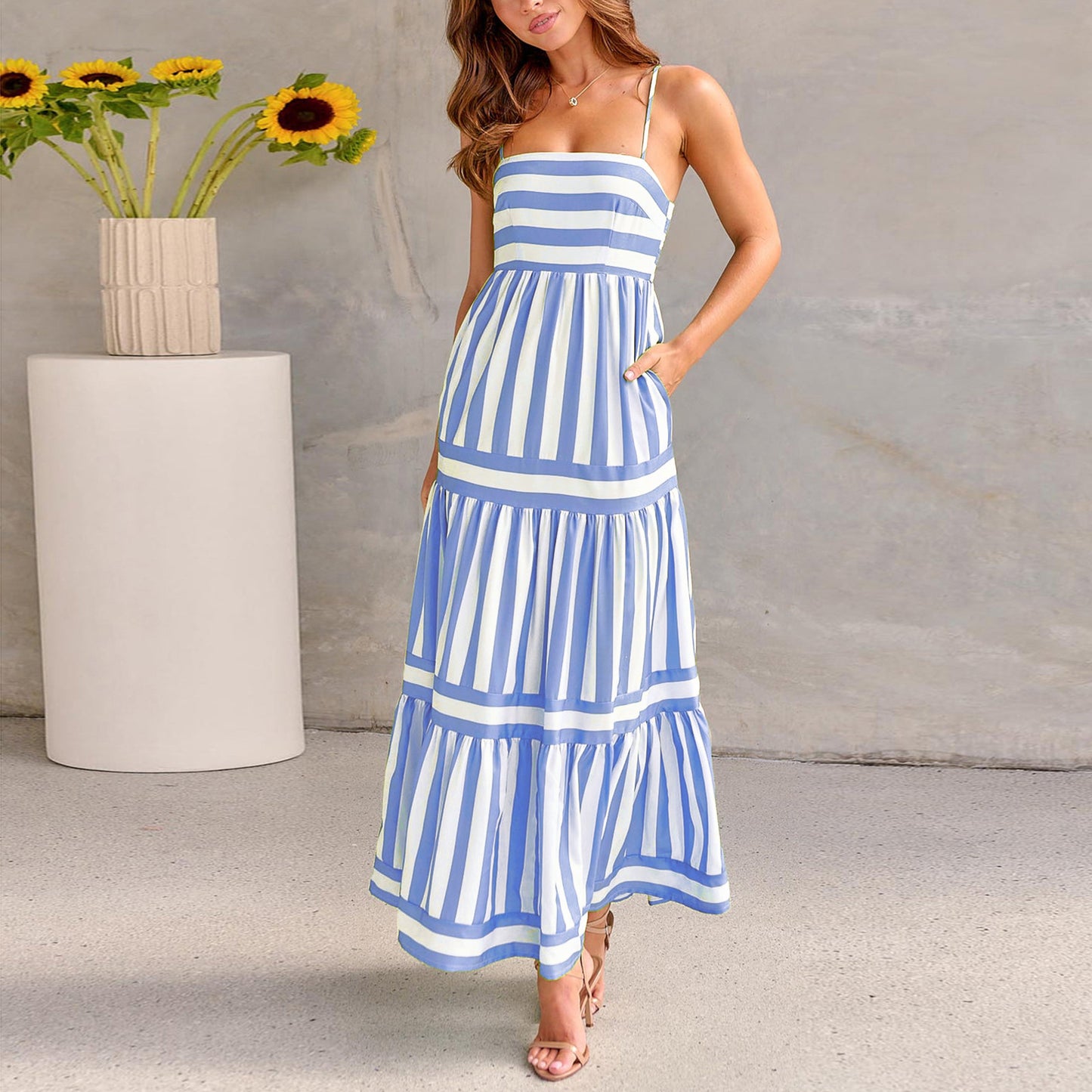 Striped Printed Suspender Long Dress With Pockets