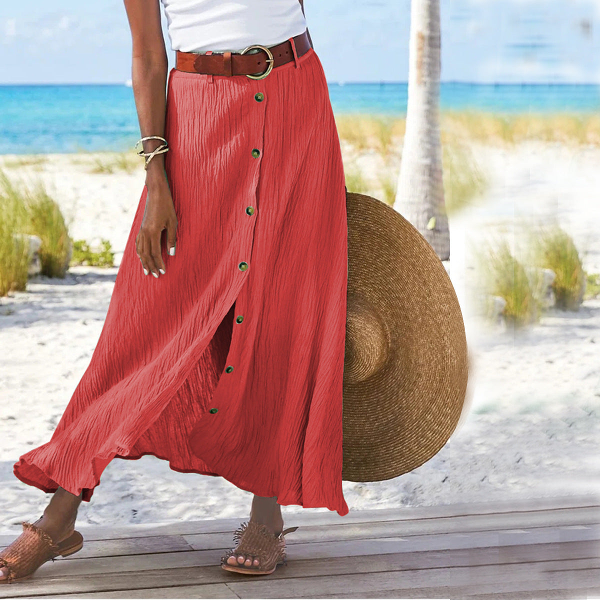 Cotton Mid Waist Long Skirt