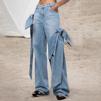 Stitching Bow Wide Leg Jeans