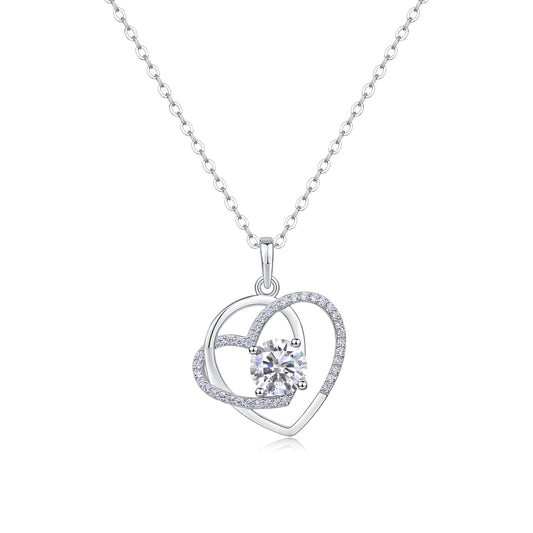 Heart To Heart Interlocking — Signature Sterling Silver Pendant Necklace (Luxury Moissanite)