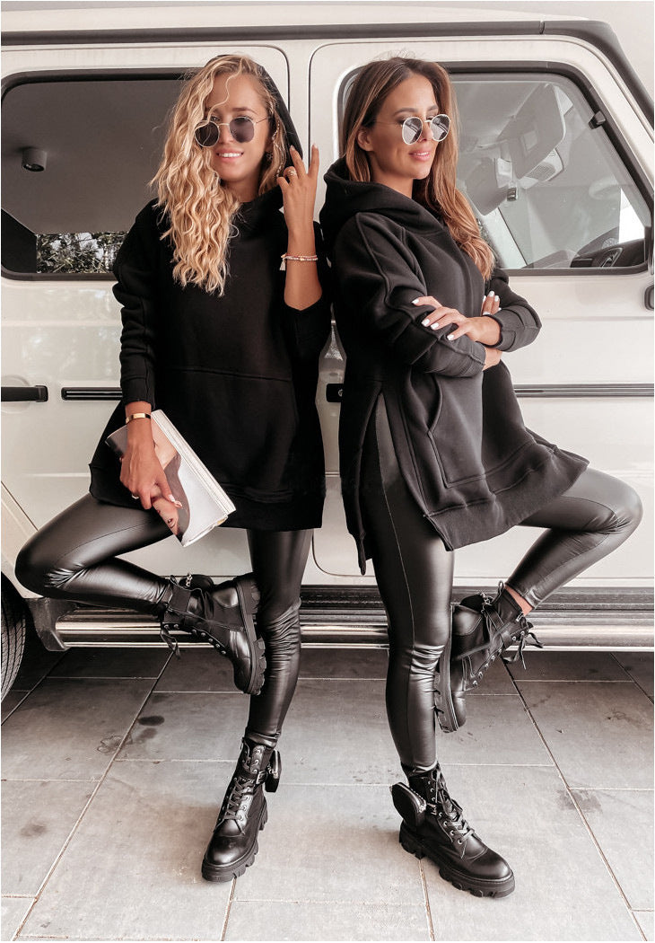 Long Sleeved Side Slit Hooded Casual Sweater