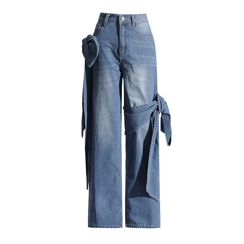 Stitching Bow Wide Leg Jeans