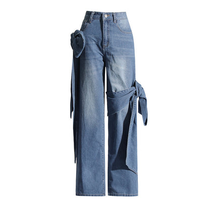 Stitching Bow Wide Leg Jeans