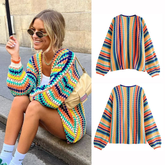 Autumn New Rainbow Bar Cardigan Long Sleeve