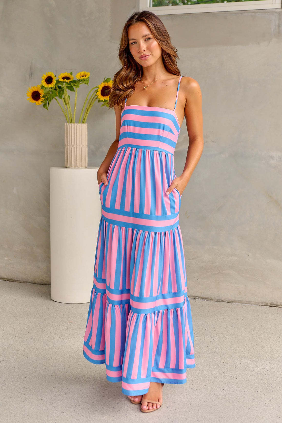 Striped Printed Suspender Long Dress With Pockets