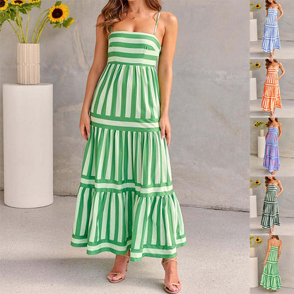 Striped Printed Suspender Long Dress With Pockets