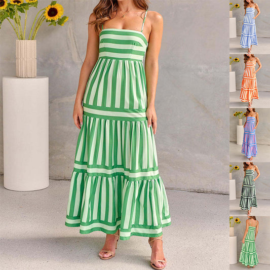 Striped Printed Suspender Long Dress With Pockets