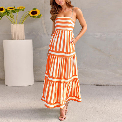 Striped Printed Suspender Long Dress With Pockets