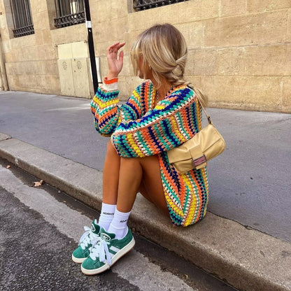 Autumn New Rainbow Bar Cardigan Long Sleeve