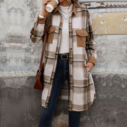 Brushed Plaid Long Winter Coat