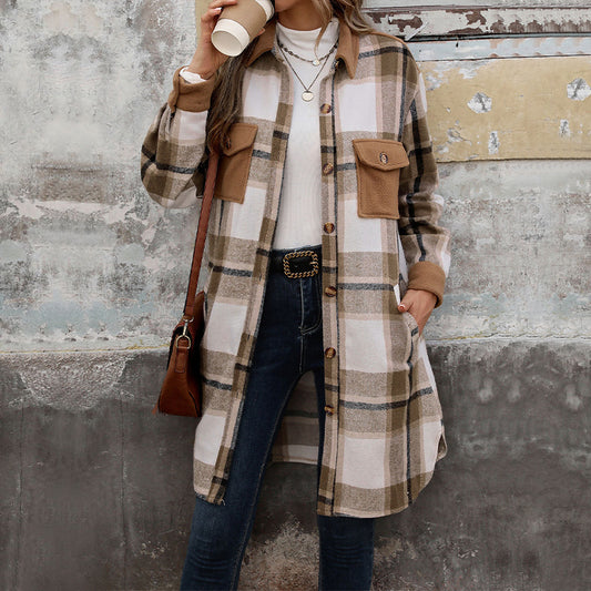 Brushed Plaid Long Winter Coat