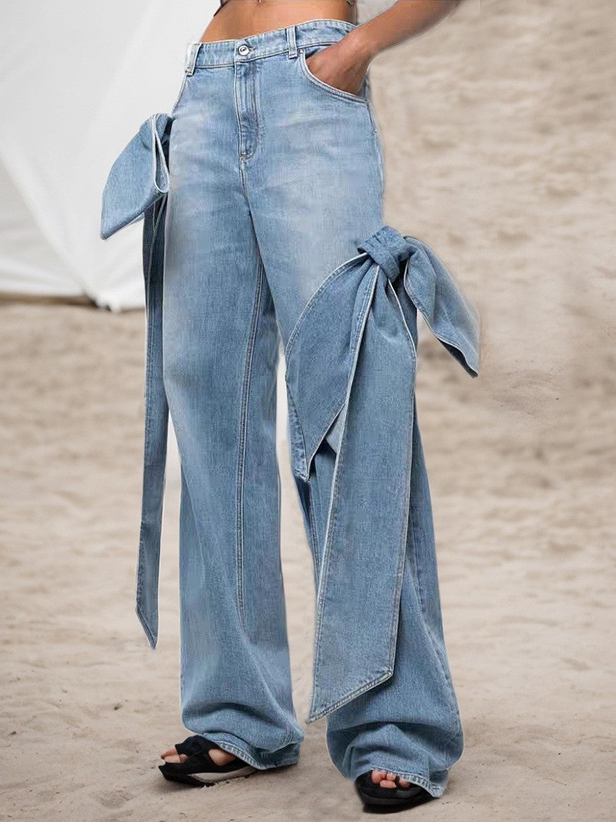 Stitching Bow Wide Leg Jeans