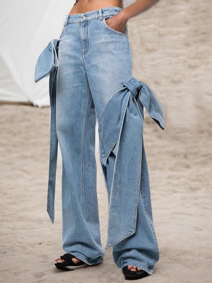 Stitching Bow Wide Leg Jeans