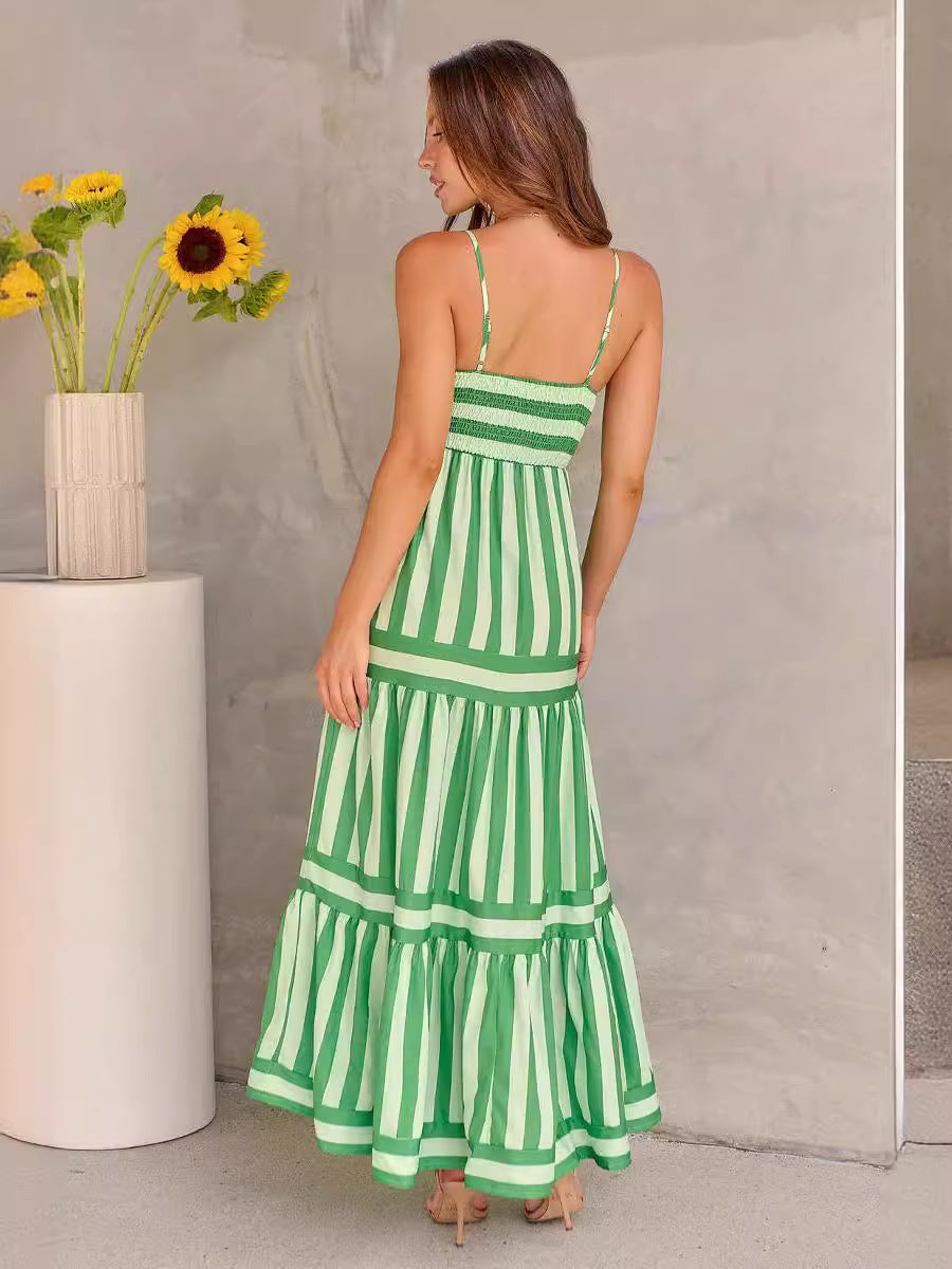Striped Printed Suspender Long Dress With Pockets