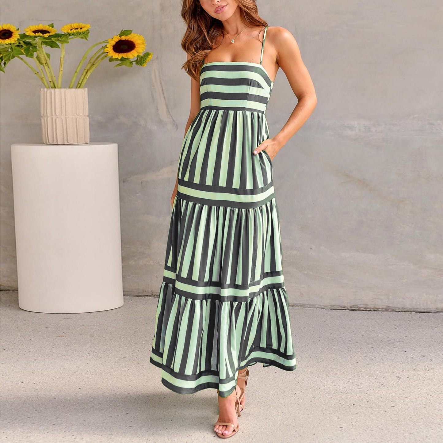Striped Printed Suspender Long Dress With Pockets