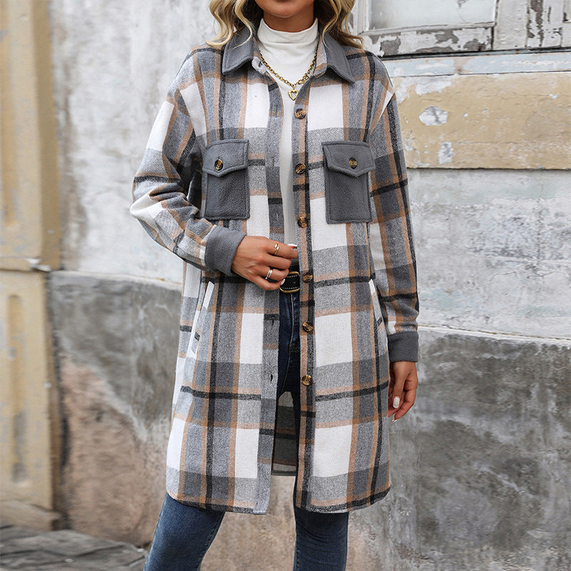 Brushed Plaid Long Winter Coat