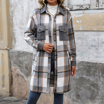Brushed Plaid Long Winter Coat