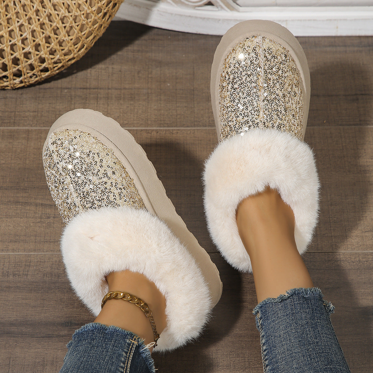 Plush Sequined Winter Slippers