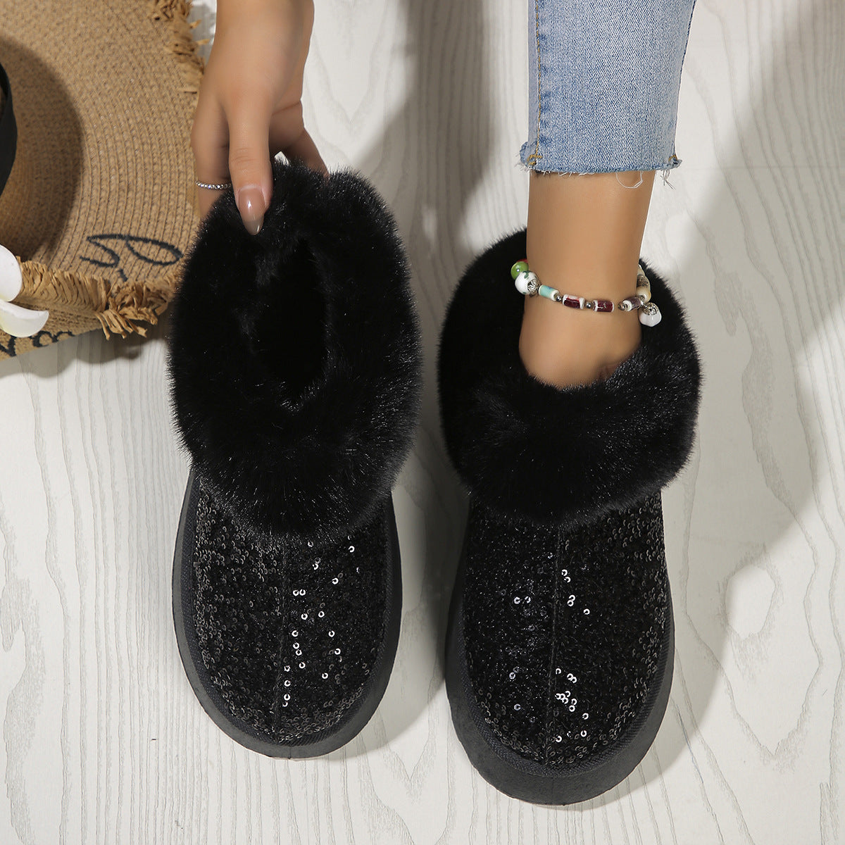 Plush Sequined Winter Slippers
