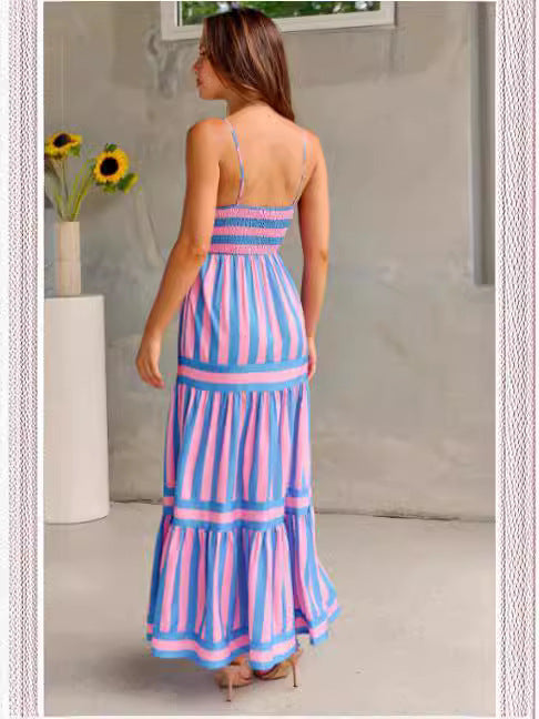 Striped Printed Suspender Long Dress With Pockets