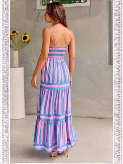 Striped Printed Suspender Long Dress With Pockets