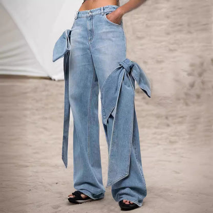 Stitching Bow Wide Leg Jeans